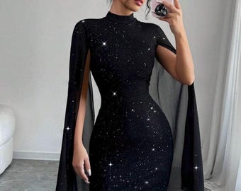 Elenzga Elegant Bodycon Dress with High Neck, Cape Sleeves & Silver Foil Trim for Parties