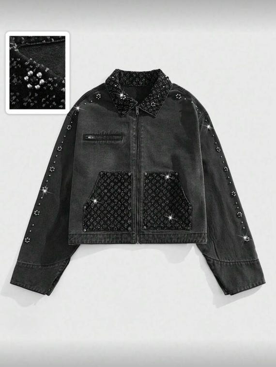 Men’s Loose Fit Denim Jacket with Pearl Embellishments – Urban Streetwear, Y2K Style, Modern Fashion
