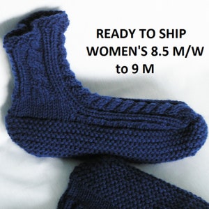 Womens Slippers Navy Blue Knitted Slippersocks 8.5 - 9 Medium - Wide, Handknitted Bedsocks