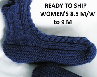 Womens Slippers Navy Blue Knitted Slippersocks 8.5 - 9 Medium - Wide, Handknitted Bedsocks