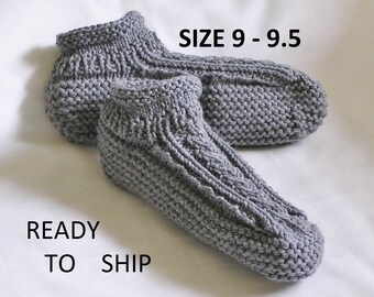 Mens Gray Slippers, Low Cuff Bedsocks, Handknitted, Size 9 - 9.5
