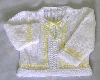 Baby Pullover Sweater Handknitted in White with Yellow, 6 - 12 Months