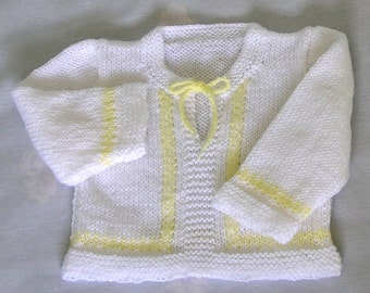 Baby Sweater Pullover Handknitted in White with Yellow, 6 - 12 Months