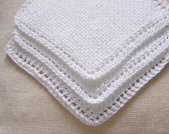 White Cotton Dishcloths Washcloths Facecloths, Knitted 8 inch Cloths, Set of 3