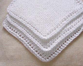 White Cotton Knitted Dishcloths  Washcloths Facecloths, 8 inch Cloths, Set of 3