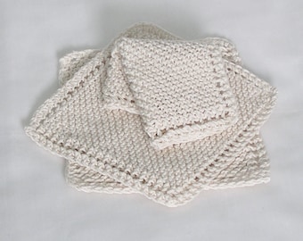 Cotton Knitted Dishcloths Washcloths Facecloths, Natural Off-White Cream, 8 inch Cloths, Set of 3