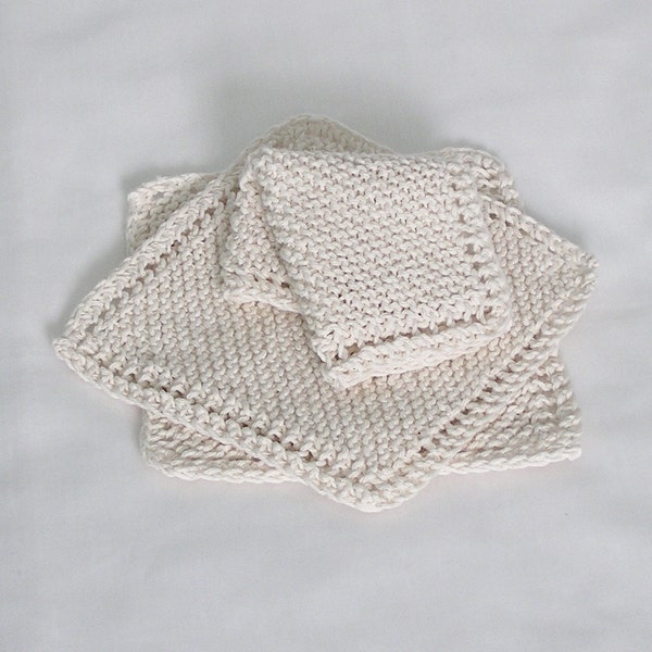 Cotton Knitted Dishcloths Washcloths Facecloths, Natural Off-White Cream, 8 inch Cloths, Set of 3