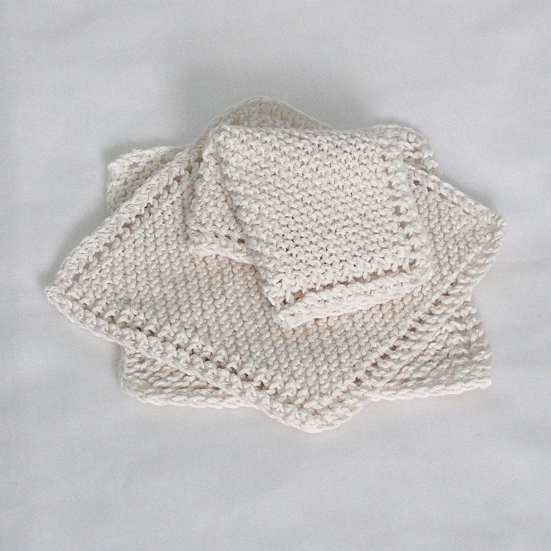 Cotton Knitted Dishcloths Washcloths Facecloths, Natural Off-White Cream, 8 inch Cloths, Set of 3 image 1