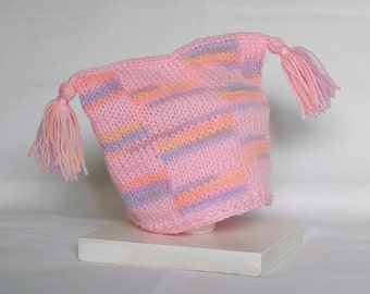Baby Girl Jester Hat, Pink and Pastels 0 to 3 Months, Handknitted Baby Hat with Tassels