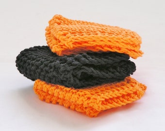 Halloween Dishcloths Orange and Black Knitted Washcloths, 8 inch Cloths, Set of 3