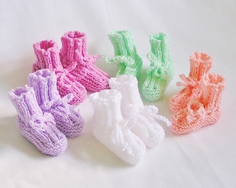 Baby Booties, Handknitted Pompadour Drawstring Booties, Choose Colors and Sizes Ready to Ship, White Booties, Pastel Booties