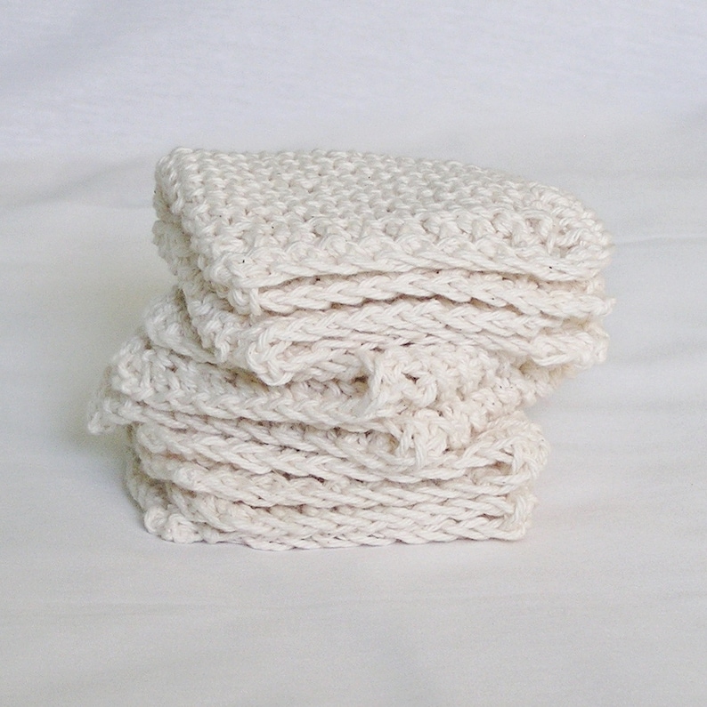 Cotton Knitted Dishcloths Washcloths Facecloths, Natural Off-White Cream, 8 inch Cloths, Set of 3 image 4