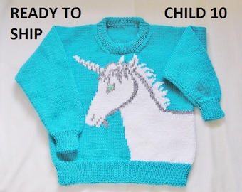 Hand-Knitted Unicorn Sweater, Mint Blue Pullover, Child Size 10