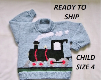 Train Sweater, Kids Pullover Child Size 4 Light Blue Handknitted Train Pulli Jersey