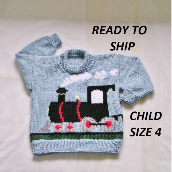 Train Sweater, Kids Pullover Child Size 4 Light Blue Handknitted Train Pulli Jersey