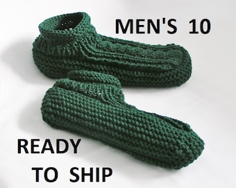 Slippers:  Mens Green Low Cuff, Hunter Green Bedsocks, Handknitted, Size 10 - 10.5