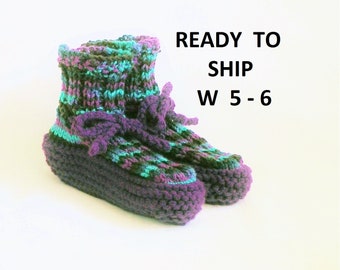 Womens Knit Slippers, Purple with Variegated Ribbed Cuffs and Drawstring, Smaller Women 5 - 6 Booties