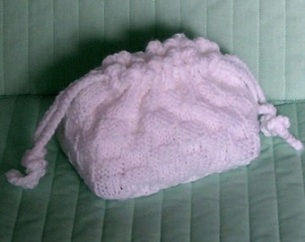 Drawstring Bag, Girls Small Purse, Pouch, Tote Handknitted in White.