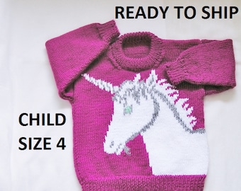 Girls Pink Unicorn Sweater Size 4, Kids Fuchsia Pullover Sweater, Dark Pink Handknitted Unicorn, READY to SHIP Jumper Jersey Pulli