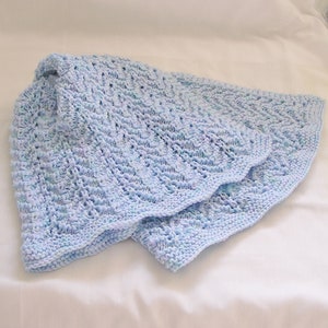 Baby Afghan Blanket in Light Blues and Pastels, Handknitted Chevron Pattern, Newborn Wrap, Car Seat or Lap Cover
