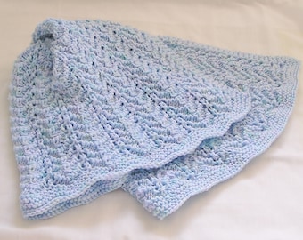 Baby Afghan Blanket, Light Blues and Pastels Chevron Pattern, Handknitted Newborn Wrap, Car Seat or Lap Cover