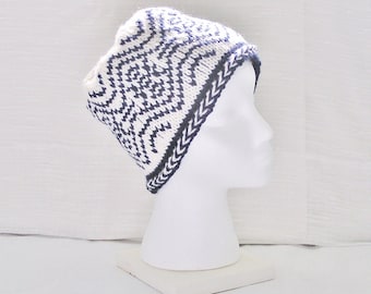 Womens Beanie Hat, Cream and Navy Blue Knitted Cloche, Medium Adult Cap