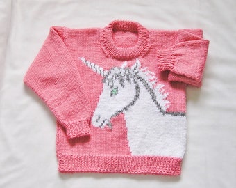 Kids Unicorn Sweater MADE TO ORDER Childrens Unicorn Pullover, Toddler Jumper Hand Knitted. Custom Color & Size