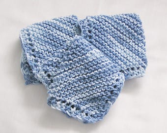 Blue Cotton Dishcloths Facecloths Washcloths Variegated  Denim Blues, Hand Knitted Set of 3 Cloths