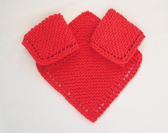 Hand-Knit Cotton Dishcloths, Holiday Colors, Facecloths, Set of 3 Mix and Match