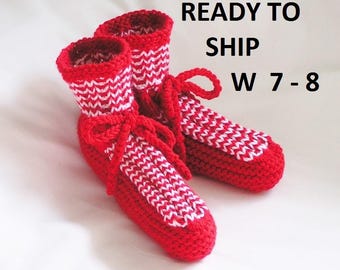 Red and White Knit Slippers: Striped Drawstring Booties, Womens Size 7-8