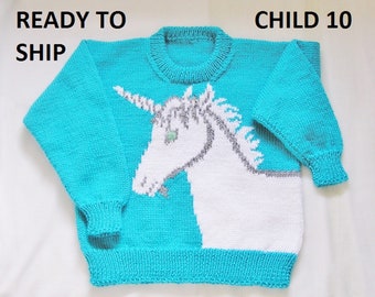 Unicorn Sweater Size 10, Childs Blue Pullover Sweater, Kids Mint Blue Handknitted Unicorn, READY to SHIP Jumper Jersey Pulli