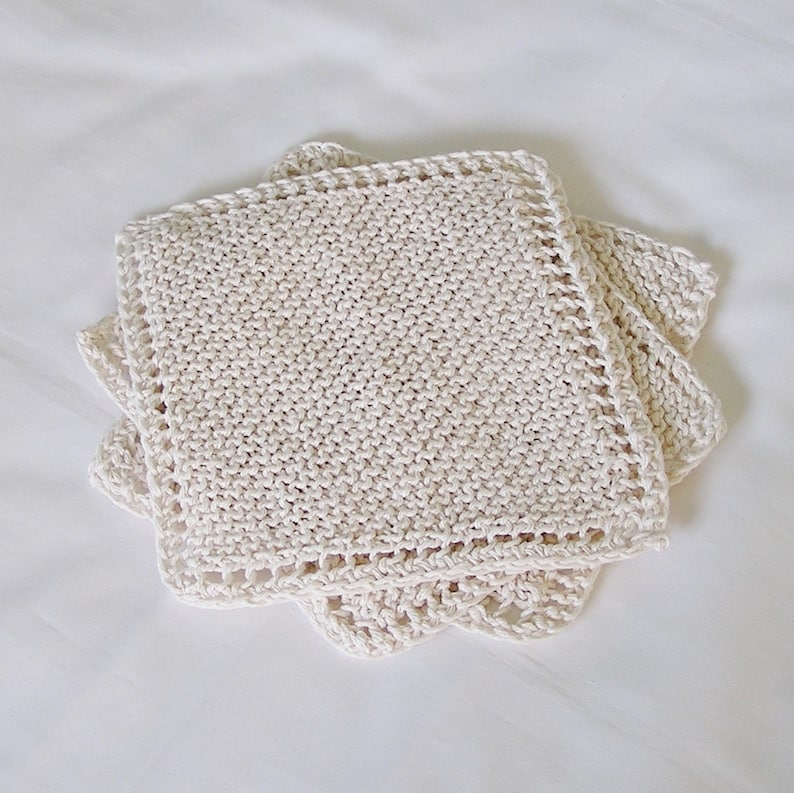 Cotton Knitted Dishcloths Washcloths Facecloths, Natural Off-White Cream, 8 inch Cloths, Set of 3 image 5