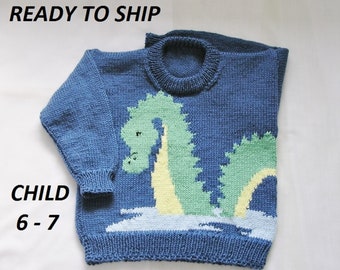Sea Serpent Sweater, Child Size 6 - 7, Handknitted Kids Pullover