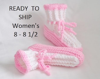 Women's Pink Slippers: Knitted Drawstring Bedsocks, Size 8-8.5