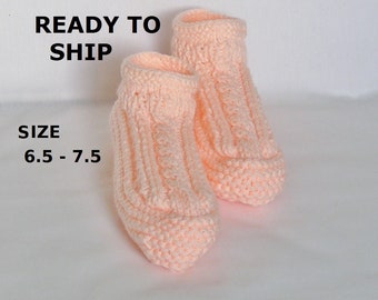 Womens Slippers, Melon Peach Apricot Handknitted Booties Low Cuff Socks, Size 7