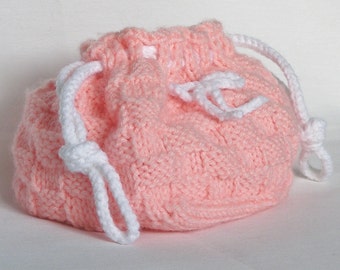 Pink Girls Drawstring Bag, Coral White Purse, Handknitted Tote Gift Bag