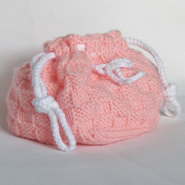 Pink Girls Drawstring Bag, Coral White Purse, Handknitted Tote Gift Bag