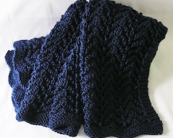 Navy Afghan, Handknitted Lap Cover, Dark Blue Baby Blanket,  Chevron Throw, Blue Toddler Wrap