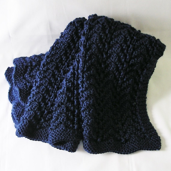 Navy Afghan, Handknitted Lap Cover, Dark Blue Baby Blanket,  Chevron Throw, Blue Toddler Wrap