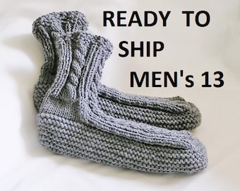 Mens Slippers, Size 13, Gray Handknitted Bedsocks, Cabled High Cuff