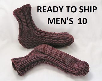 Mens Slippers, Handknitted Bedsocks, Mulberry Tweed High Cuff,  Size 10