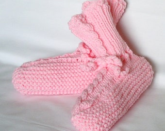 Pink Slippers Girls Size 12 - 13, Knitted Kids Drawstring Slippers, Childrens