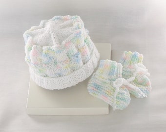 Baby Hat and Booties, Premie Newborn Set Knit Hat Baby Girl Baby Boy Knitted Hat Rainbow Pastels, White