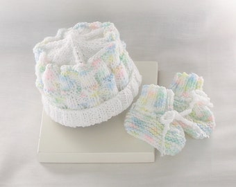 Baby Hat and Booties Set, Premie Newborn Girl Boy Knitted Hat Rainbow Pastels, White
