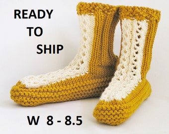 Womens Slippers Gold and Cream Bedsocks, Ladies Hand Knitted Lacy Slippers, Womens Size 8 - 8.5