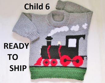Train Sweater, Childs Pullover Size 6 Gray Handknitted Pulli Jersey