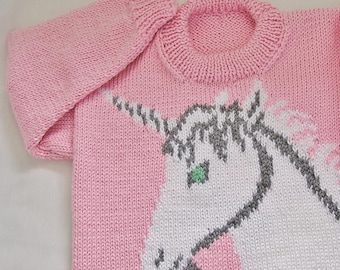 Childrens Unicorn Sweater MADE TO ORDER, Hand Knitted Kids Pullover, Custom Color and Size