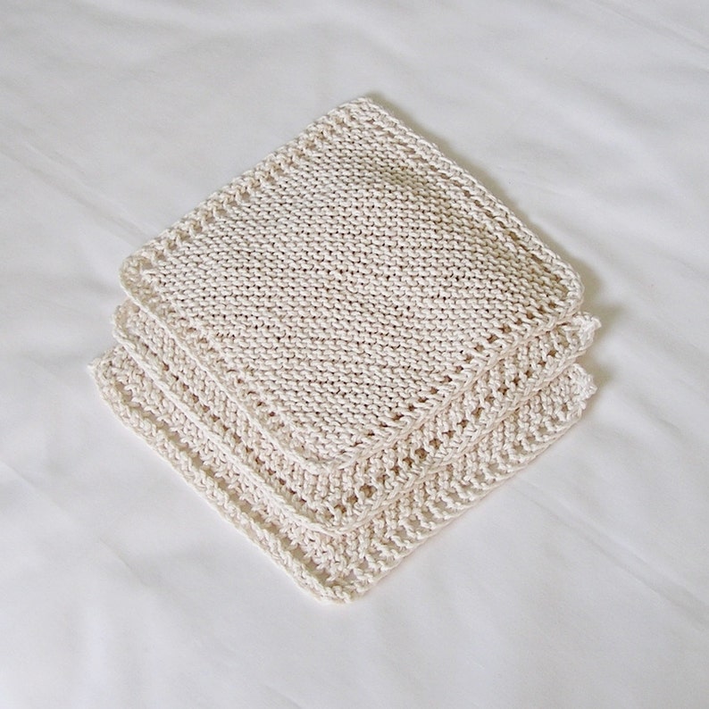 Cotton Knitted Dishcloths Washcloths Facecloths, Natural Off-White Cream, 8 inch Cloths, Set of 3 image 3