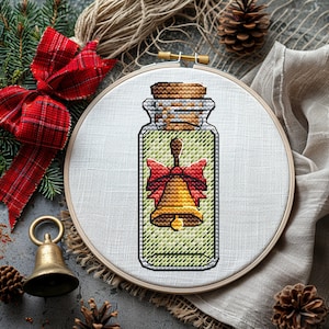 Bell cross stitch in a bottle pattern, school embroidery pattern jar bow cross stitch pattern for bookmark xstitch mini PDF Instant Download