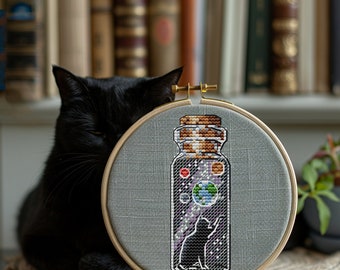 Cat cross stitch pattern in a bottle, jar with space planets milky way xstitch pattern cute mistic embroidery easy mini PDF Instant Download